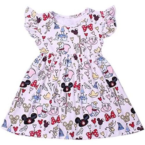 Children Clothes Girls Flutter Sleeve Cartoon Printed Toddlers Summer Mickey Bow Dress
