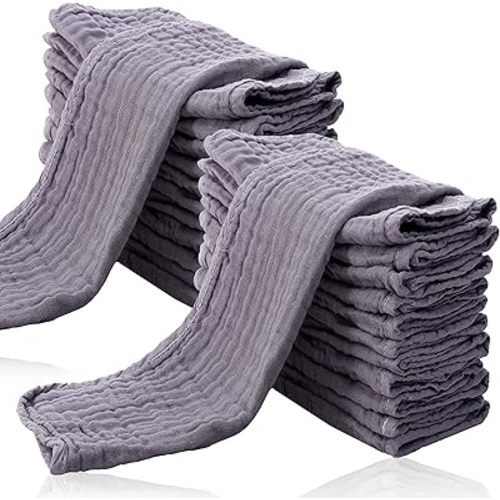 24 Pack Muslin Burp Cloths for Baby - Ultra-Soft 100% Cotton Baby Washcloths - Large 20'' by 10'' Super Absorbent Milk Spit Up Rags - Burpy Cloths for Unisex, Boy, Girl - Grey