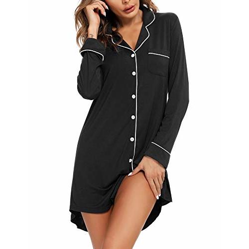 Senert Nightgown for Women Sleep Shirt Short Long Sleeve Sleepwear Boyfriend Nightshirt Button Down Pajama Dress S-XXL