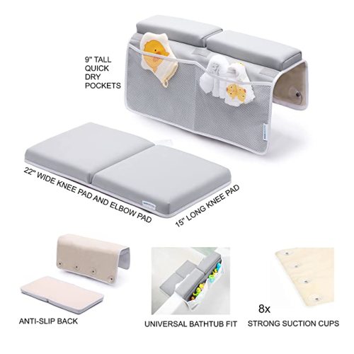 Bath Kneeler and Elbow Rest Pad, 1.75 inch Extra Thick Baby Bath Kneeling Pad and Elbow Pad for Bathtub. Bath Tub Elbow Pad with Infant Toy and Baby Accessories Organizer, Grey - Gray - Large (Pack of 1)