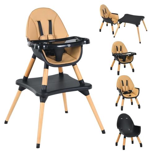 BABY JOY 5 in 1 Baby High Chair, Convertible High Chairs for Babies and Toddlers/Booster Seat/Table and Chair Set, Infant Wooden Highchair w/ 5-Point Harness, Removable Tray & PU Cushion (Coffee)