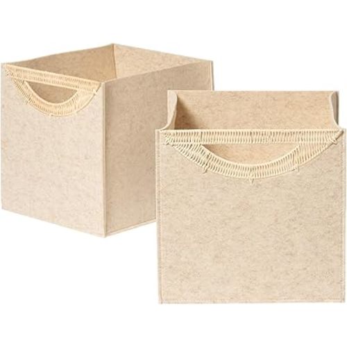 La Jolie Maison 2 Pack Foldable Oatmeal Felt Cube Bins, 13 Inch Storage Cube with Rattan Handle, Decorative Storage Bins for Closet Toys Bedroom