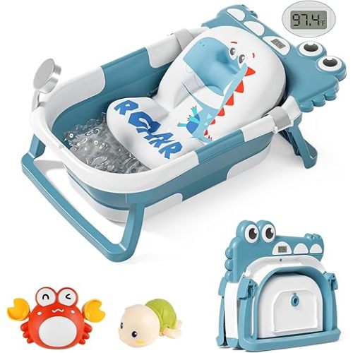 TPN Collapsible Baby Bathtub for Infants to Toddler with Real-time Temp Monitor+Floating Cushion,Foldable Baby Bath Tub Set Applicable 0-36 Month,Perfect Portable Travel Baby Tub for Newborns Boy
