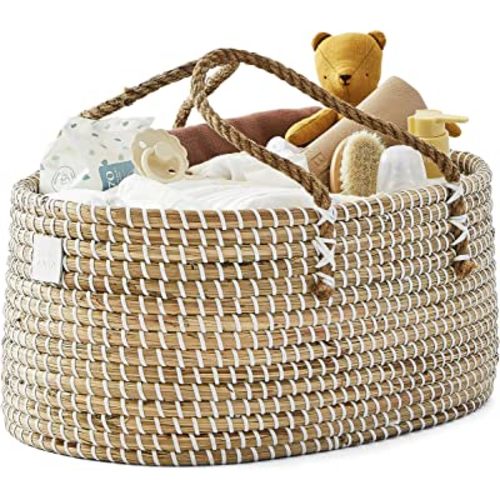 BEBE BASK Baby Diaper Caddy Organizer -- Handmade Organic Seagrass -- Luxury Diaper Caddy Basket -- Cute Diaper Caddy for Baby Girl & Diaper Caddy for Baby Boy (Natural)