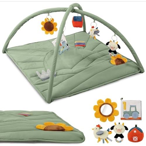 Beautiful Baby Play Gym and Tummy Time Mat - Soft Mat with 5 Farm Toys Creates The Perfect Activity Area for Your Girl/Boy - Stylish Infant Floor Playmat Fits Nicely with Any Playroom Decor