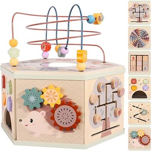 Large Wooden Activity Cube for Toddlers, 9 in 1 Educational Baby Activity Cube, Montessori Toys for 1+ Year Old Boys & Girls, Cute Zoo Theme Baby Cube Toy Sorting & Stacking Game, 1st Birthday Gift