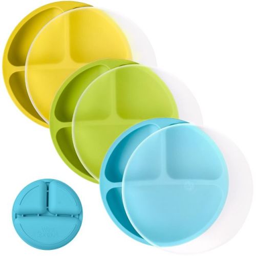 WeeSprout Silicone Plates for Babies & Toddlers 100% Food-Grade Dishes - With Lids, 3 Pack (Bright Green, Blue & Grey)