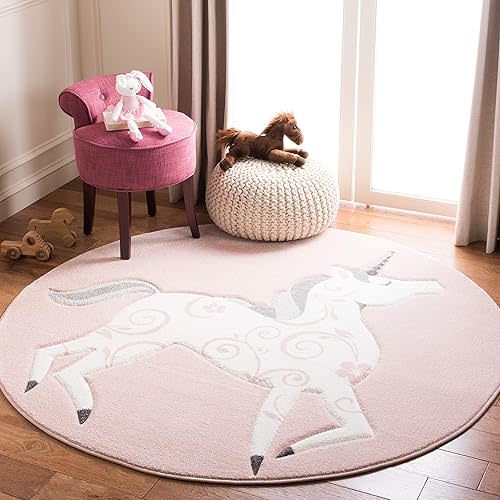 SAFAVIEH Carousel Kids Collection Area Rug - 6'7" Round, Pink & Ivory, Non-Shedding & Easy Care, Ideal for High Traffic Areas for Boys & Girls in Playroom, Nursery, Bedroom (CRK163P)