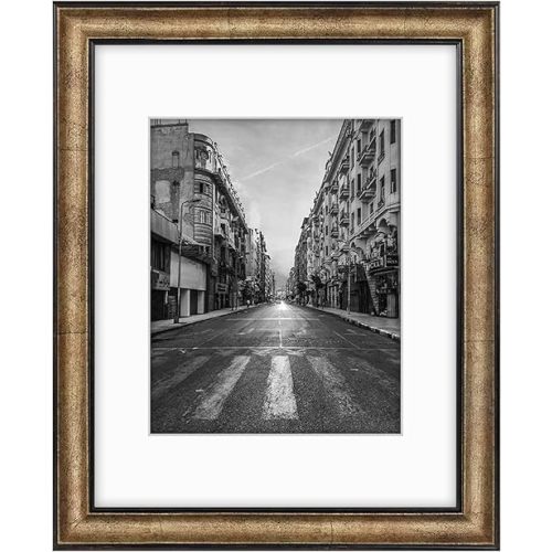 Golden State Art, 11x14 Photo Frame with Mat for Pictures 8x10 and Real Glass (Dark Gold Brown & Bronze Pewter Panel with White Color Mat, 1.25 Inch Frame Border)