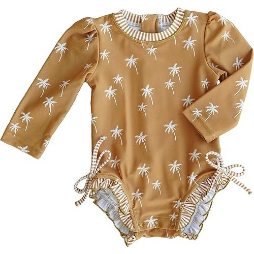 Caden Lane Long Sleeve Rash Guard with Ruffle Bottom, Girls Swimwear with UPF 50+ Sun Protection, Quick-Drying, Sun and Chlorine Resistant Fabric Beachwear, Island Vibes, 12-18 Months