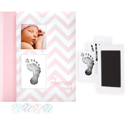 Pearhead Baby Memory Book, First 5 Years Baby Milestone Book, Pregnancy Journal, Gender Neutral Newborn Keepsake, With Clean-Touch Ink Pad For Baby's Handprint or Footprint, Pink Chevron