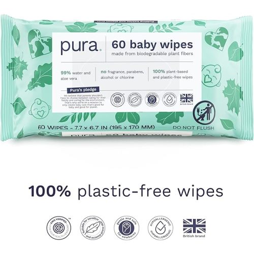 Pura Baby Wipes | 100% Plastic-Free, Plant Based Wipes, 99% Water, Fragrance Free & Hypoallergenic, EWG Certified | 60 Wipes (1 Pack)