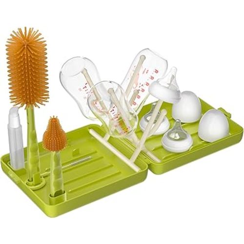 Baby Bottle Brush Set – 6-in-1 Travel & Home Bottle Cleaning Kit with Silicone Bottle Brush, Nipple & Straw Brush, Soap Dispenser, Foldable Drying Rack & Storage Case, BPA Free (Green)