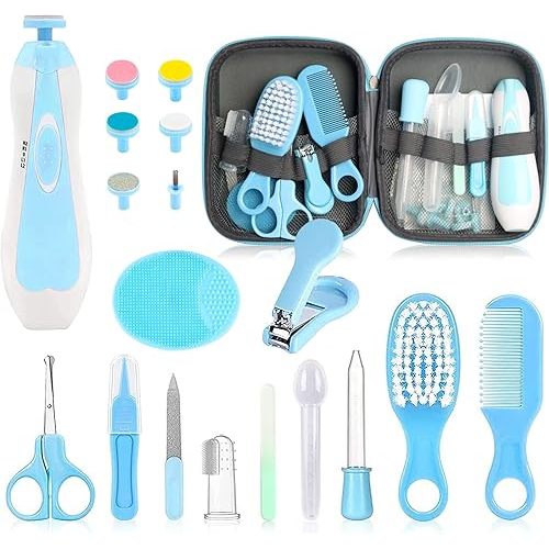 Baby Grooming Kit - 26 in 1 Nursery Essentials Baby Registry Shower Gift for Newborns, Infants, Toddlers, Boys, Girls Kids-Safety Baby Comb, Brush, Finger Toothbrush, Nail Clippers, Scissors(Blue)
