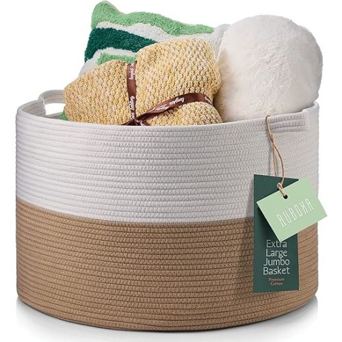 Decorative Jumbo Blanket Basket for Blankets - 100% Cotton Rope Woven Basket for Storage with 2 Easy Carry Handles, Holds up to 40Lb - Ideal for Pillows, Blankets, Laundry Hamper & Baby Toy Bin.