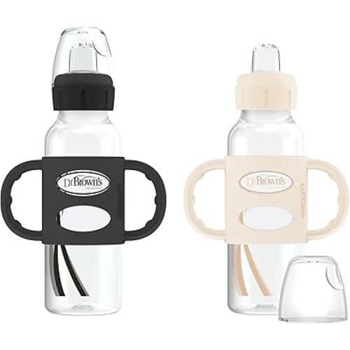 Dr. Brown's Milestones Narrow Sippy Spout Bottle with 100% Silicone Handles, Easy-Grip Handles with Soft Sippy Spout, 8oz/250mL, Black & Ecru, 2 Count (Pack of 1), 6m+