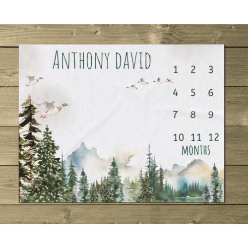 Mountains Milestone Blanket Boy, Personalized Woodland Name Blanket, Custom Forest Baby Month Blanket, Infant Keepsake Gift, New Baby Gift