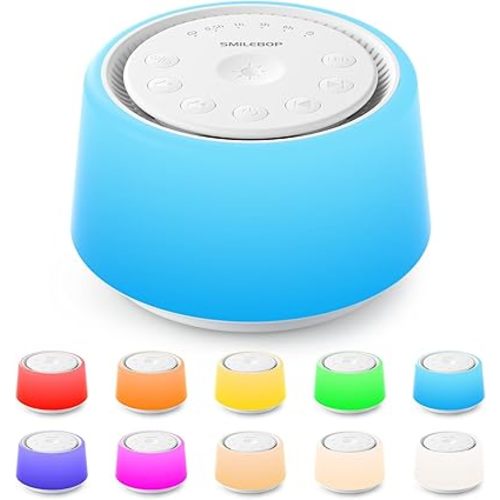 SMILEBOP White Noise Machine with Night Light, 30 Soothing Sounds Portable Sound Machine for Baby and Adults, 10 Color Night Light, 5 Timer Options, Memory Function,Compact for Travel (White)