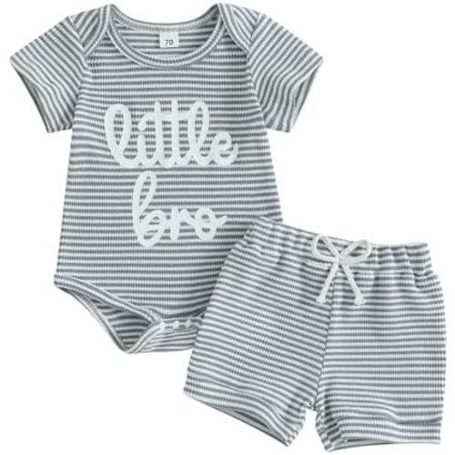 VISGOGO Baby Boy Shorts Set Newborn Infant Summer Outfit Striped Half Button-up Short Sleeve Bodysuit Elastic Waist Shorts