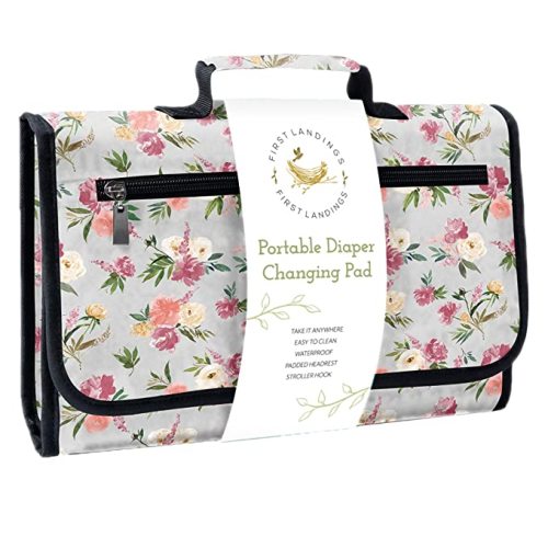 First Landings Portable Diaper Changing Pad - Convenient Travel Changing Pad and Wipe Holder - Portable Changing Pad - Grey - Grey Floral Design