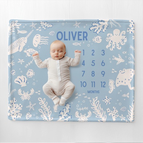 Personalized Ocean Baby Month Blanket Baby Shower Gift Under the Sea Milestone Ocean Life Ocean Nursery Decor Boy Month Blanket New Mom Gift