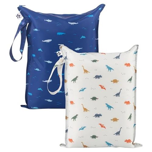 Tiny Twinkle Mess Proof Wet Bags | 2-Pack Reusable Waterproof Wet Bags for Swimsuits | Baby Clothes | Travel & Diaper Bag (Dinosaur, Ocean Life)