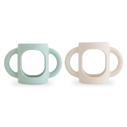 mushie Silicone Baby Bottle Handles 2-Pack | Narrow Bottle Compatible for 3 Months+ (Cambridge Blue/Shifting Sand)