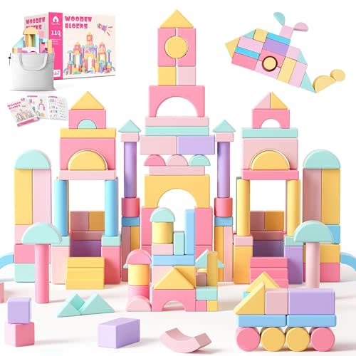 VigorFun 110 PCS Wooden Building Blocks Set - Construction Stacking Toy with Storage Bag, Montessori Preschool Toys for Toddlers Kids Birthday Gifts Ages 3+