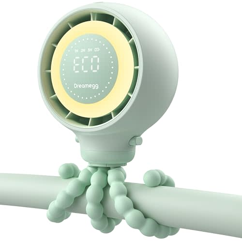 Dreamegg Portable Stroller Fan - 4000mAh Rechargeable Baby Stroller Fan With LED Display, Night Light, Hidden Blade, Detachable 4 Speed 360°Rotate, Handheld Cooling for Crib,Travel, Car Seat(Green)