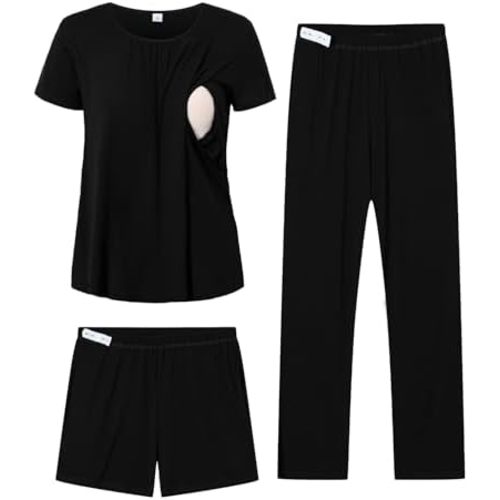 DIKFA 3 Pcs Women Maternity Nursing Pajamas Set Short Sleeve Breastfeeding Shirts Pjs Pregnancy Shorts & Pants Sleepwear
