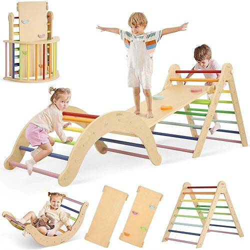 7-in-1 Climbing Toys for Toddlers 1-3 Inside, Foldable Wooden Montessori Climbing Set Indoor, Pikler Triangle Set with Arch, Ramp & Ladder - Rainbow