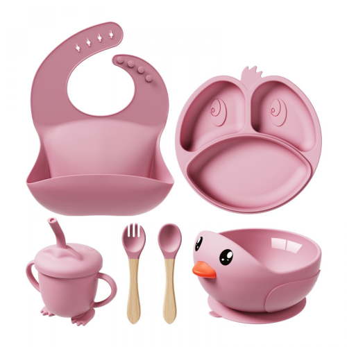 Wisolt Wine Red Duck Silicone Baby Feeding A Six-piece Tableware Set - Complete with Suction Plates & Spoons, Ideal for Weaning & Feeding.