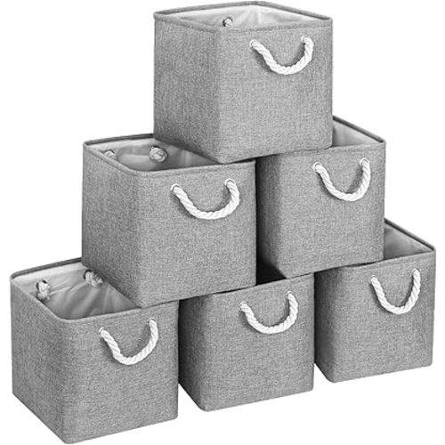 Large 11x11 Inch Cube Storage Bins with Cotton Handles for Closet, Shelves, Clothes, Toys, Towel (Gray-6 Pack)