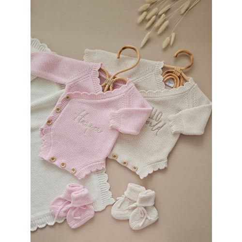 Personalised Baby Scalloped Romper, Luxury Neutral Set, Newborn Beige, Announcement Bodysuit, Baby Coming Home Outfit, Knitted Hello World