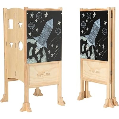Montessori Foldable Toddler Tower - Already Assembled - Folds in 2 to Save Space - 360° Safety with Large Chalkboard