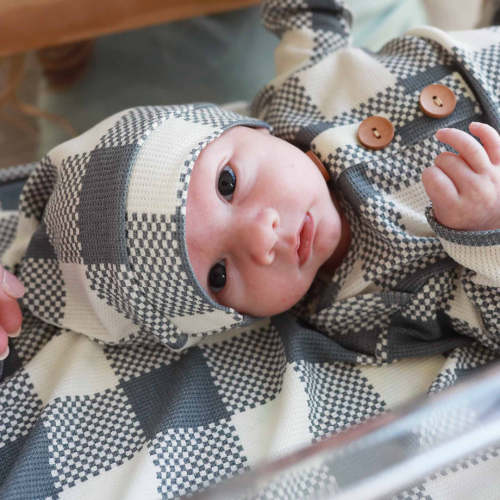 Big Check Bamboo Waffle Newborn Baby Knot Gown & Hat Set | Denim
