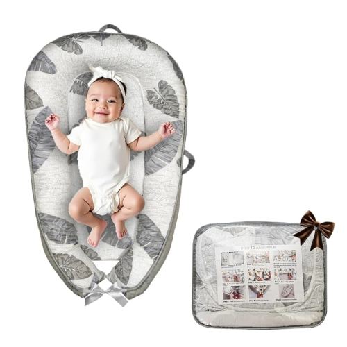 Baby Lounger for Newborn 0-24 Months – Soft & Breathable Infant Nest, Co-Sleeping Pillow, Adjustable Cotton Floor Seat, Newborn Essentials Gift (Grey White Leaves)