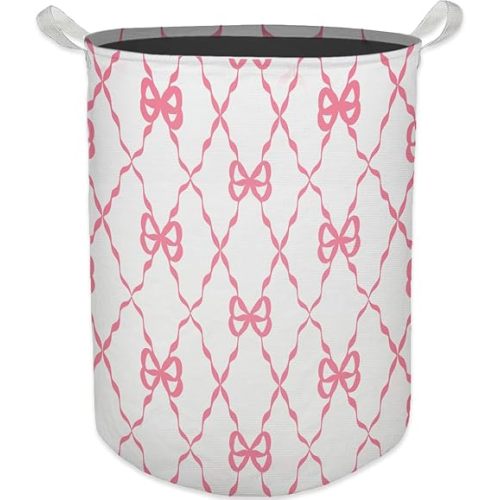 Coquette Pink Bow Laundry Basket, Toybox for Girls Room, Pink Laundry Basket Hamper Waterproof Collapsible Clothes Toys Storage Bin Organizer for Bedroom Bathroom Girls Room Dorm