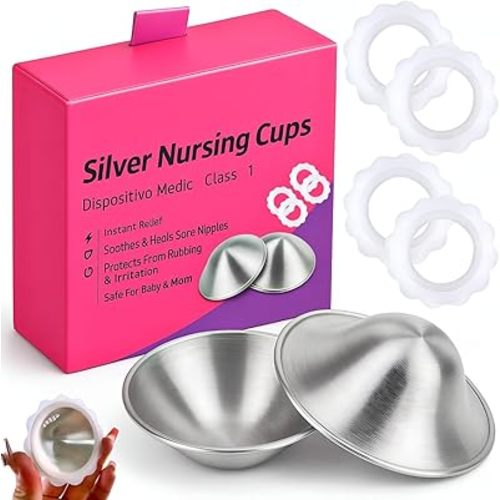 Pure 999 Silver Nursing Cups for Breastfeeding – Nipple Shields with 4 XL Silicone Rings – Reusable Nipple Protectors for Sore Nipples, Pregnancy & Postpartum Support