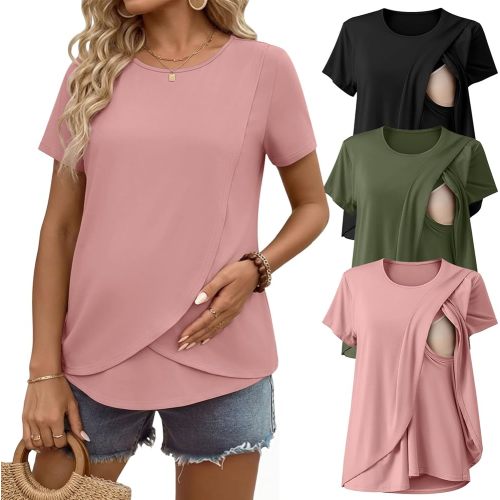 Ekouaer Nursing Shirts 3 Packs Short Sleeve Breastfeeding Tops Summer Maternity T Shirts Postpartum Double Layer Clothes Army Green/Black/Pink L