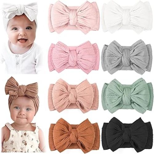 CÉLLOT 8 Pcs Super Stretchy Soft Handmade Headbands with Double Bows Head Wrap Nylon Hair Accessories For Newborn Babies Girls Infants Toddlers
