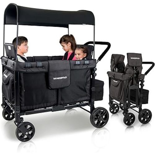 WONDERFOLD W4 Original Stroller Wagon (4 Seater) - Collapsible Wagon Stroller with Seats with 5-Point Harnesses, Easy Access Zipper Door, and Removable Sun Canopy, Black