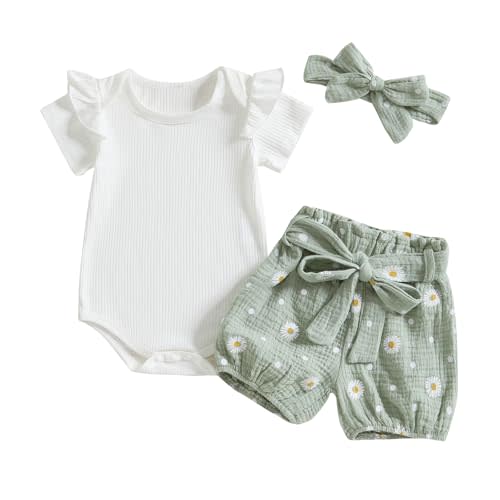 Kaipiclos Newborn Infant Girl Clothes Rib Knit Romper Daisy Print Shorts Headband Baby Summer Clothes 0 3 6 12 18 24 Months