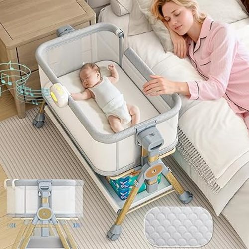 3 in 1 Baby Bassinet Bedside Sleeper, Rocking Bassinet for Baby with Wheels, Music Night Light, Storage Basket, Mattress, Adjustable Height, Portable Rocking Bedside Sleeper for Newborn Infant