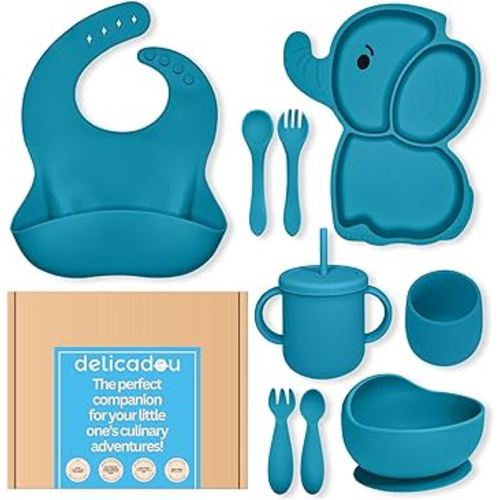 Baby Led Weaning Supplies - Silicone Baby Feeding Set - Ultra Complete Silicone Suction Plate Set. 9 Pieces Toddler Baby Dish Set. First Stage Solid Food Eating Baby Utensils 6+ Months. Elephant Shape