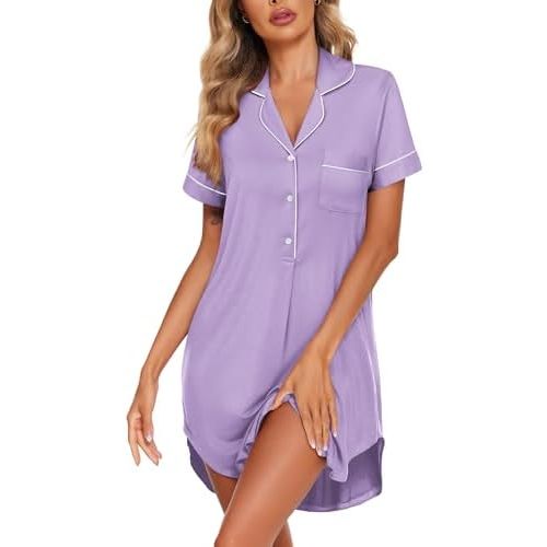 Ekouaer Women's Nightgown Button Down Nightshirt V Neck Sleepshirt Short Sleeve Sleepwear Soft Pajama Dress