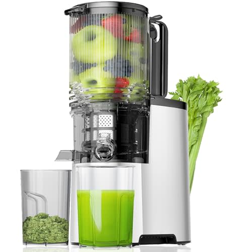 Cold Press Juicer, 5.3" Wide Feed Chute Juice Extractor Machine with 400W, High Juice Yield, Slow Masticating Juicer for Whole Vegetables & Fruits, Metallic Silver