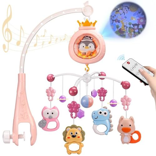 Crib Mobile with Music and Lights,Mobiles for Cribs, Baby Mobile Arm Toys Hanging for Girls Boys Infants 0-6 6-12 Months, Bassinets Nursery Musical Portable Mobile Clip On Pack and Play(Pink)