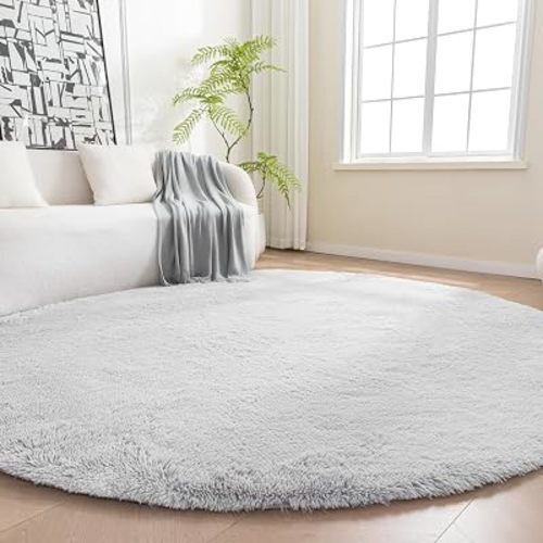 Amazon Basics Fluffy Washable Round Area Rug, Circle Shaggy Carpet for Living Room, Bedroom, Nursery, 4'R, Gray