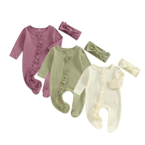 Merqwadd Baby Girl Zipper Pajama Footies 3 Pack Ruffle Sleeper Coming Home Infant Cotton Clothes